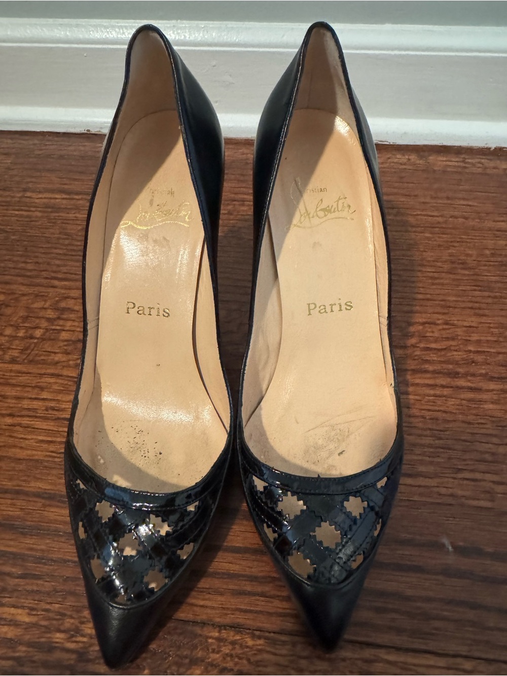 Christian Louboutin Black Leather Pointed-Toe Pumps with Red Soles